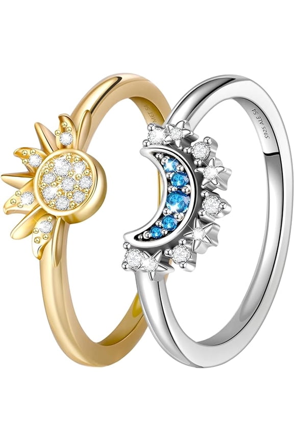 Celestial Blue Minimalist Sun Moon Diamond Stacked Couple's Ring Set