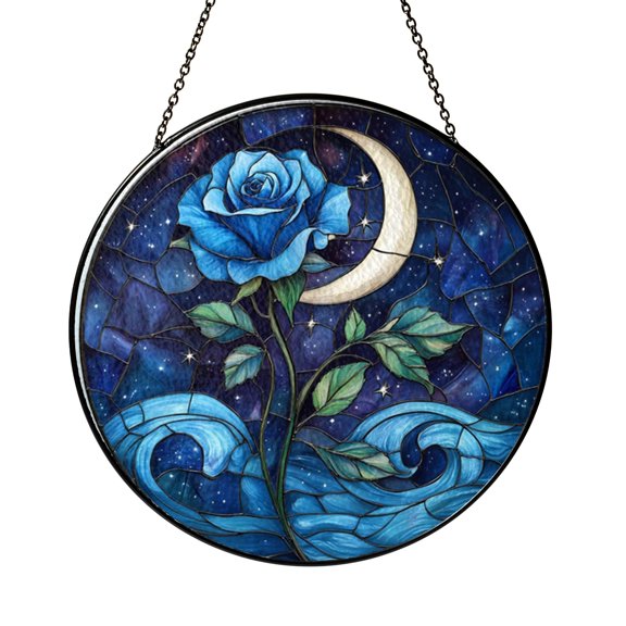 Celestial Blue Rose Stained Glass Round Suncatcher, Moonlight Garden Window Decor, Graceful Floral Home Gift