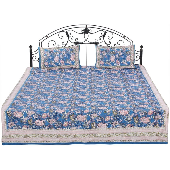 Celestial-Blue Sanganeri Bedspread with Screen-Printed Flower