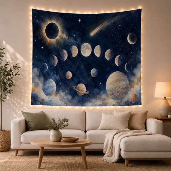 Celestial Bodies in a Deep Blue Nocturnal Sky, Serene Watercolor for Astronomy Enthusiasts, Celestial Wall Art, Housewarming Gift Tapestry Wall Hanging for Bedroom and Living Room