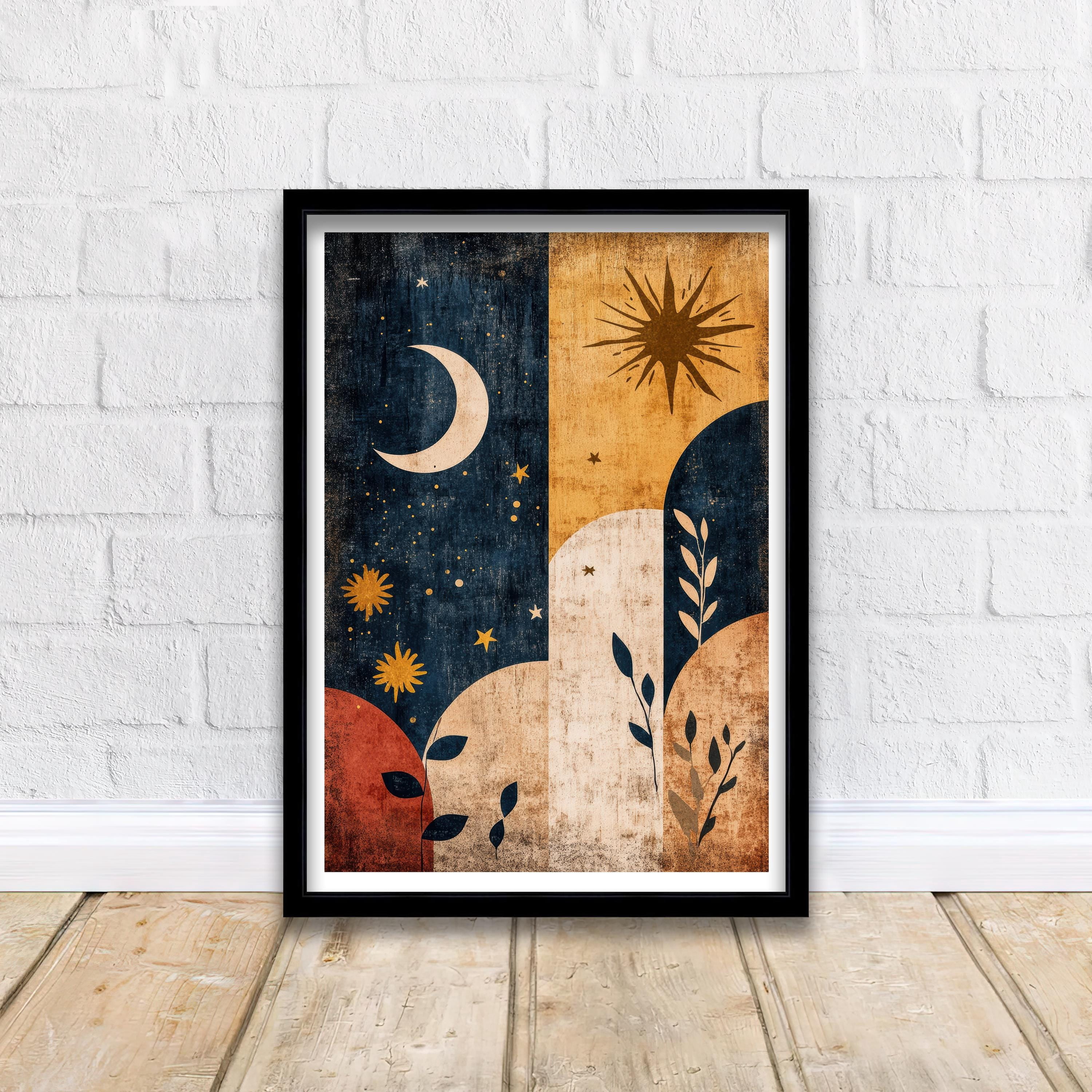 Celestial Boho Print Mystical Moon and Stars Wall Art Modern Cosmic ...