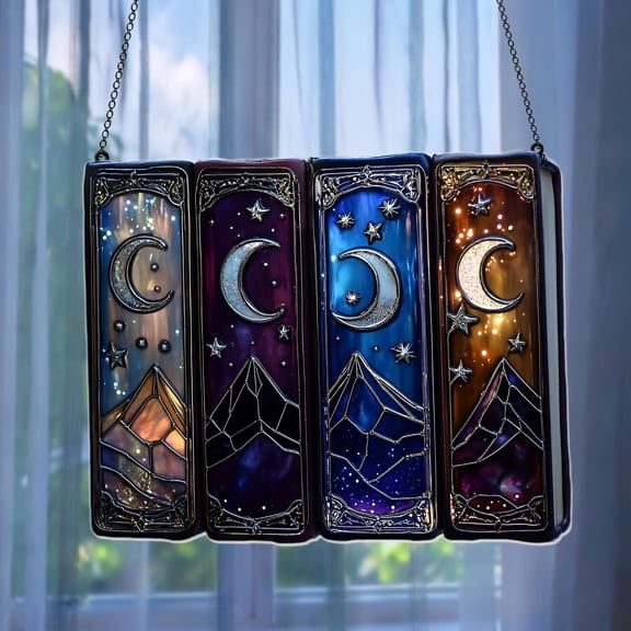 Celestial Book Suncatcher Night Court Inspired Faux Stained Glass Acrylic Hanging, Fantasy Bookshelf Art for Readers
