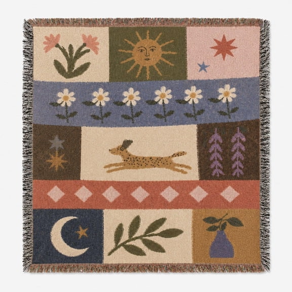 Celestial Botanical Patchwork Multicolor Woven Throw Blanket, 100% Cotton, Folk Art Home Decor