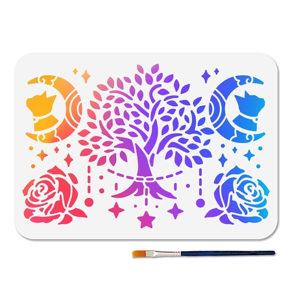 Celestial Botanical Stencil Set - 11.7x8.3 Inch Reusable PET Templates with Crescent Moon Roses & Stars Design
