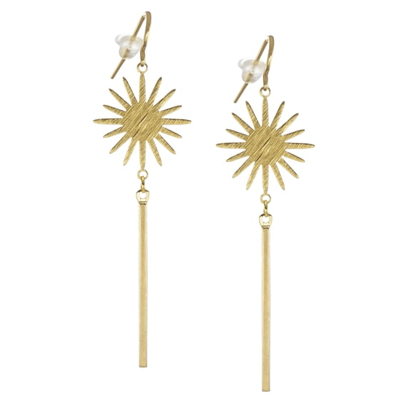 Celestial Brushed Gold Star Long Minimalist Dangle Earrings, Hypoallergenic Gold Ear Wires