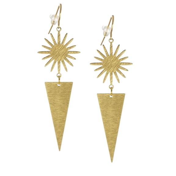 Celestial Brushed Gold Star Long Triangle Dangle Earrings, Hypoallergenic Gold Ear Wires