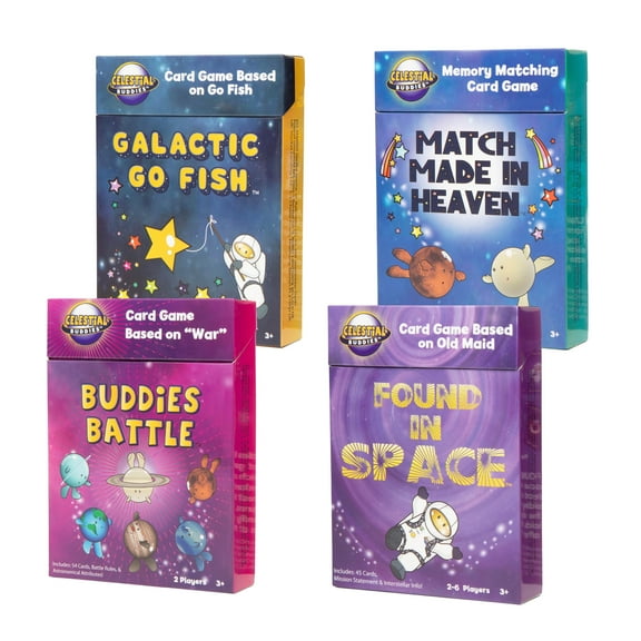 Celestial Buddies Card Game 4 Pack - Galactic Go Fish, Match Made In Heaven, Found in Space, and Buddies Battle | STEM Learning, Planets & Space Exploration | Ages 3+