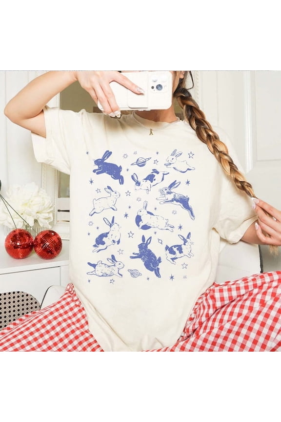 Celestial Bunny T-shirt, Vintage Tattoo Top, Rabbit Graphic Tee for Men Women, Cottagecore Animal Shirt, Nature Gift for Her Him