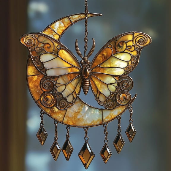 Celestial Butterfly Crescent Moon Acrylic Suncatcher Amber Faux Stained Glass Window Hanging With Crystal Drops, Boho Gift Halloween Decor