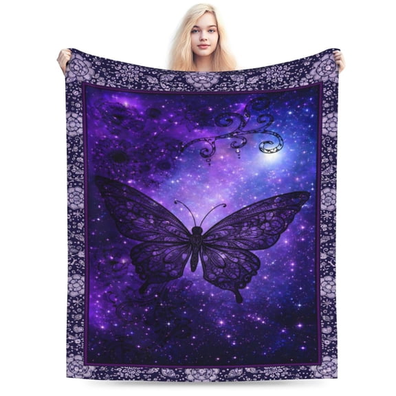 Celestial Butterfly Galaxy Blanket Purple Starry Sky Throw Soft Cozy Fleece Boho Floral Night Home Decor Gift for Adults 50x40