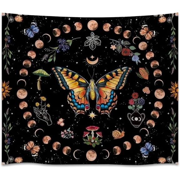 Celestial Butterfly Tapestry Witchy Moon Phase Wall Hanging with Flowers Mushrooms and Stars Boho Mystic Night Sky Decor for Bedroom Dorm 40x60inch