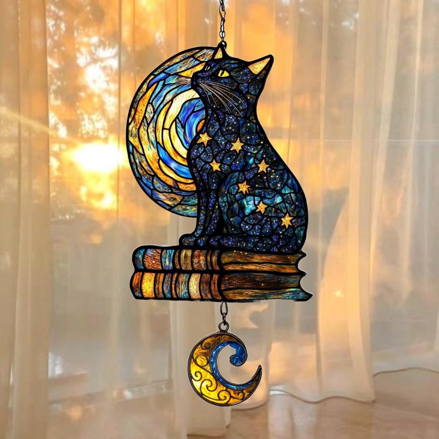 Celestial Cat Acrylic Faux Stained Glass Suncatcher with Books and Moon ...