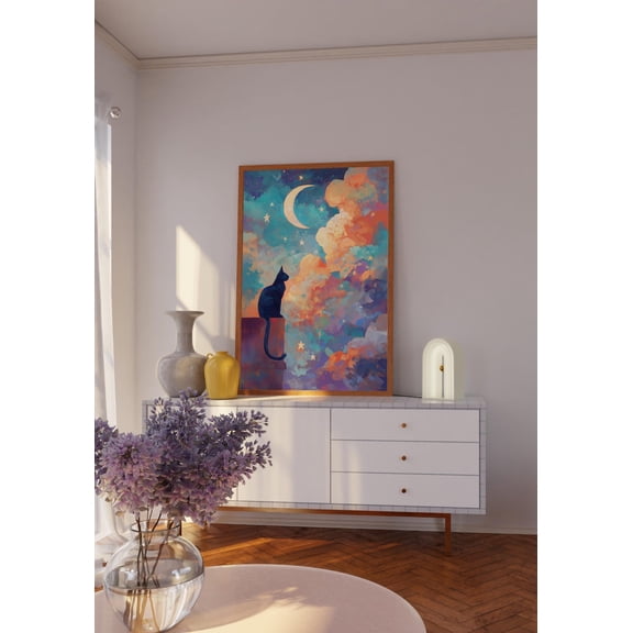 Celestial Cat Dreamy Moon and Stars Nursery Art, Unframed Paper Poster 8x10in