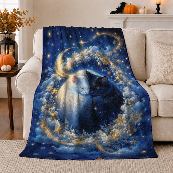Celestial Cat Harmony White Black Cats Cuddling Starry, Peaceful Pet Portrait Pattern, Warm Flannel Blanket for Living Room and Bedroom, Cat Lovers Just Because Gift, Pet Lover Home Decor