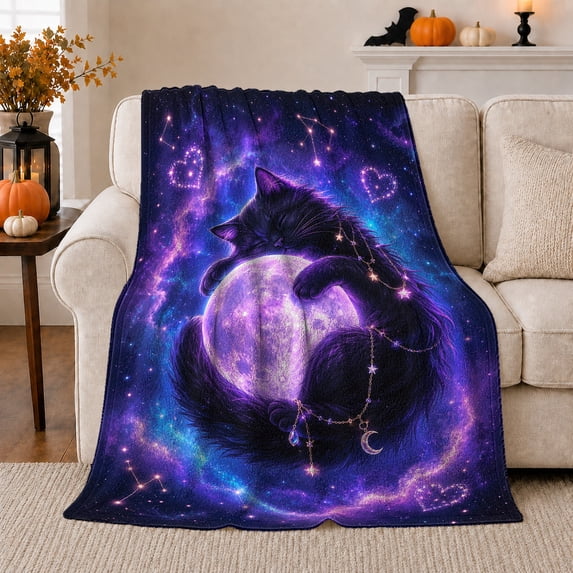 Celestial Cat Hugging Moon Galaxy Nebula Dreamy Mystic, Peaceful Pet Portrait Pattern, Warm Flannel Blanket for Living Room and Bedroom, Cat Lovers Just Because Gift, Pet Lover Home Decor