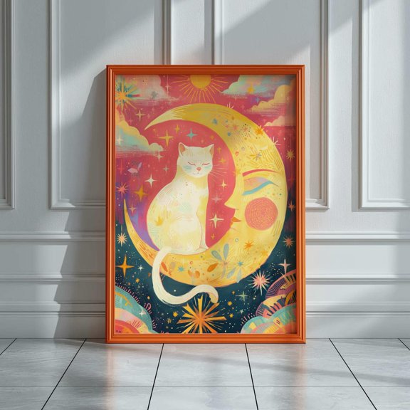 Celestial Cat Retro Sun and Moon Decor, Unframed Paper Poster 8x10in