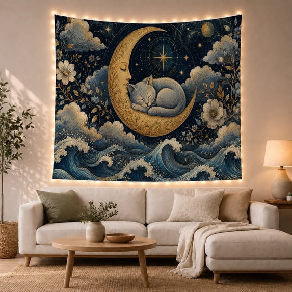 Celestial Cat Sleeping on Golden Crescent Moon with Stars and Waves, Whimsical Celestial for Astronomy Fans, Fantasy Art Decor, Birthday Gift Tapestry Wall Hanging for Bedroom and Living Room