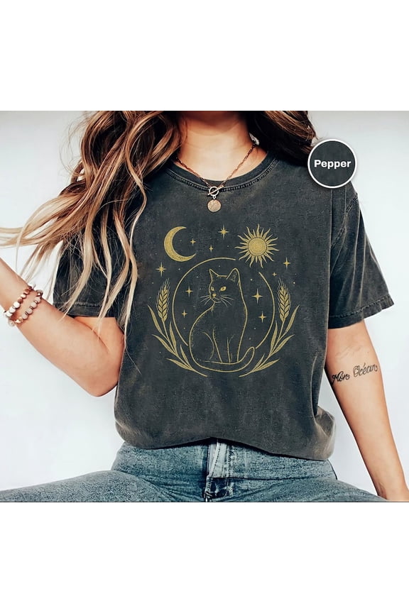 Celestial Cat Sun And Moon Graphic T-Shirt, Mystical Astrology Cosmic Artwork Tee, Occult Boho Space Aesthetic Comfort Colors Unisex Cotton T-Shirt, Sizes S-3XL