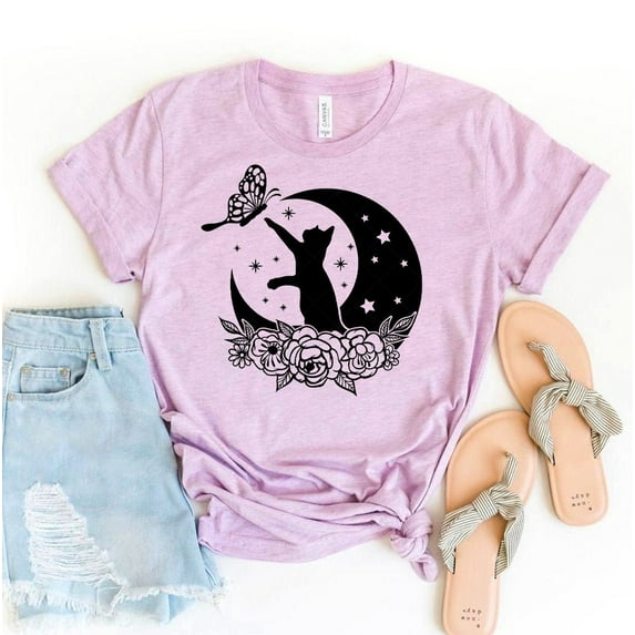 Celestial Cat T-shirt, Boho Shirt, Meow, Celestial Moon Tee, Aesthetic Top, Cat Lover Shirt, Black Witch Cat, Mystical Tee All Size S-5Xl