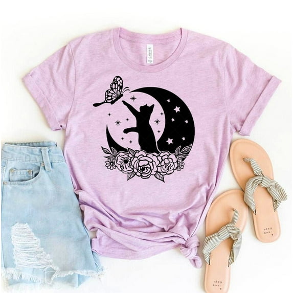 Celestial Cat T-shirt Boho Shirt Meow Gift Moon Tee Aesthetic Top Lover Black Witch Mystical Witchy Magic Botanical Fall October Dark Academia