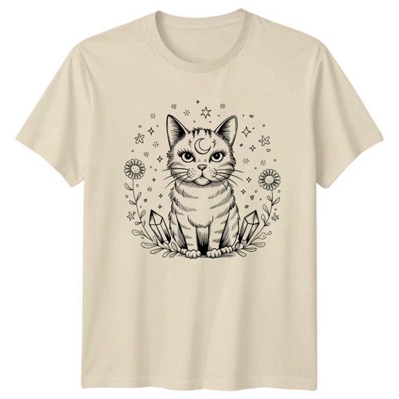Celestial Cat With Moon T-Shirt, Witchy Kitty Tee All Size S-5XL