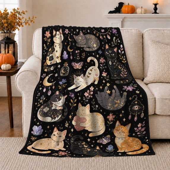 Celestial Cats Under Starry Sky Mystical Moon Crystal, Peaceful Pet Portrait Pattern, Warm Flannel Blanket for Living Room and Bedroom, Cat Lovers Just Because Gift, Pet Lover Home Decor