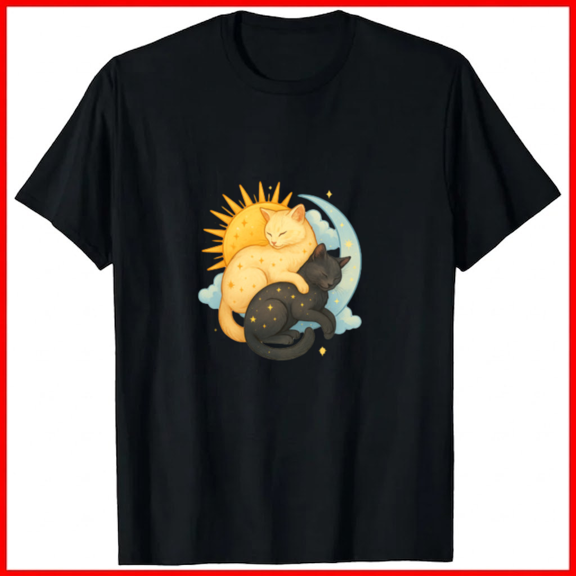 Celestial Cats Sun and Moon Yin Yang Balance Cosmic Harmony Unisex T-Shirt, up to size 5XL