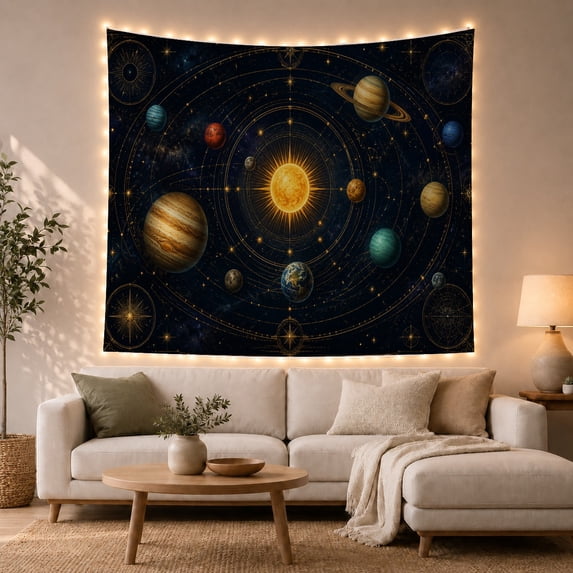 Celestial Chart with Bright Ochre Sun and Navy Galaxy, Dreamy Vintage for Space Enthusiasts, Antique Astronomy Art, Christmas Gift, Tapestry Wall Hanging for Bedroom and Living Room