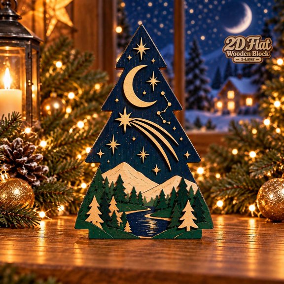 Celestial Christmas Tree Wooden Block, Crescent Moon Forest Tabletop Holiday Gift