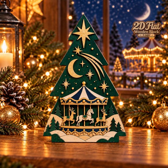 Celestial Christmas Tree Wooden Block, Moon Star Carousel Layered Tabletop Display for Holiday Gifting