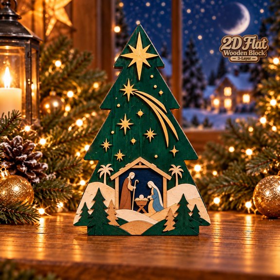 Celestial Christmas Tree Wooden Block with Nativity Scene for Tabletop Holiday Display
