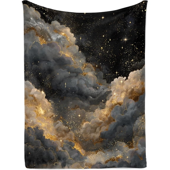 Celestial Cloud Tapestry, Black Gold Starry Night Sky with Glitter Nebula Clouds, Galaxy Wall Hanging for Bedroom Dorm Living Room 30x40inch