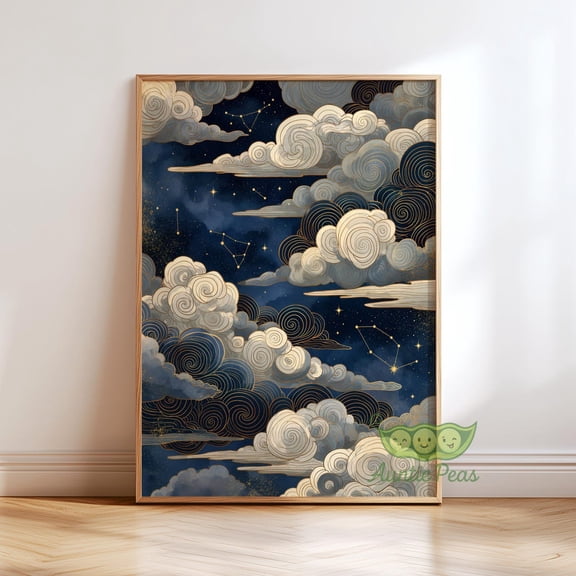 Celestial Cloud Wall Art, Starry Night Sky Print, Blue And Gold Poster, Traditional Japanese Woodblock Style, Zen Decor, Vintage Asian Art