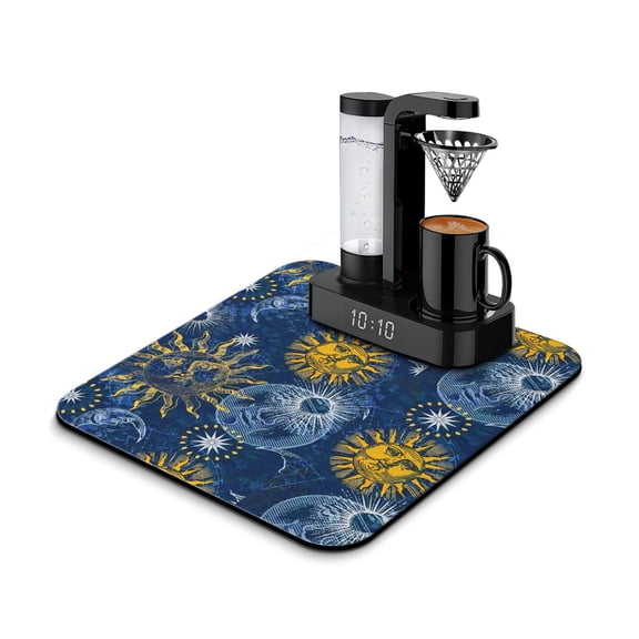 Celestial Coffee Bar Mat - Golden Sun and Crescent Moon Absorbent Coffee Maker Mat - 4-Layer Non-Slip Kitchen Counter Mat - Mystical Moon and Starry Sky