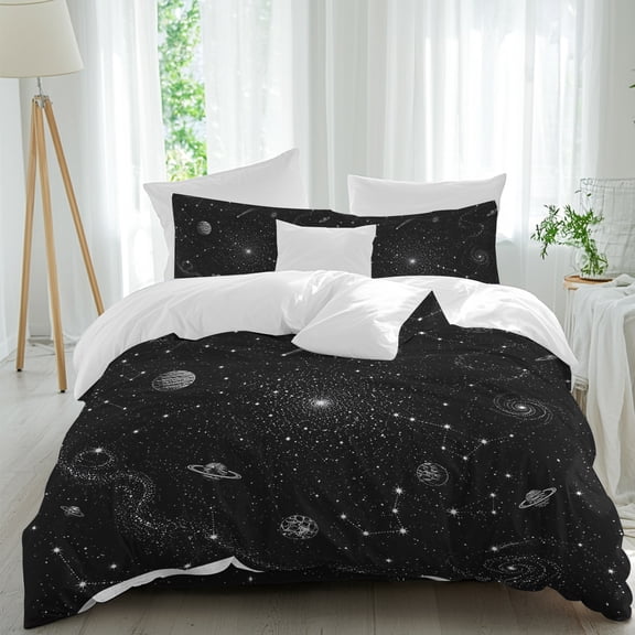 Celestial Comforter Set Twin Size, Modern Minimalist Black White Night Sky Planet Star Soft Bedding Set for Man Woman, 4 Pieces Duvet Cover Set with Fitted Sheet, 2 Pillowcases