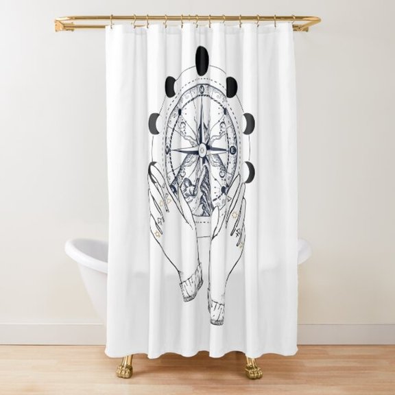 Celestial Compass, Moon Phases and Illustrated Hands Shower Curtain, Black and White, 100% Polyester