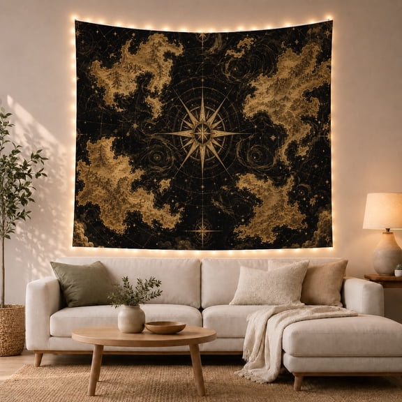 Celestial Compass & Stars on Antique Map, Mystical Vintage Art for Astronomy Fans, Celestial Wall Art Housewarming Gift Tapestry Wall Hanging for Living Room, Office