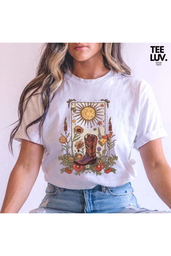 Celestial Cowgirl Boot T-Shirt: Boho Tarot Western Graphic Tee Tshirt All Size S-5XL