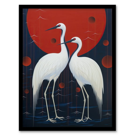 Celestial Cranes Red Blue Heron Birds Artwork Framed Wall Art Print A4