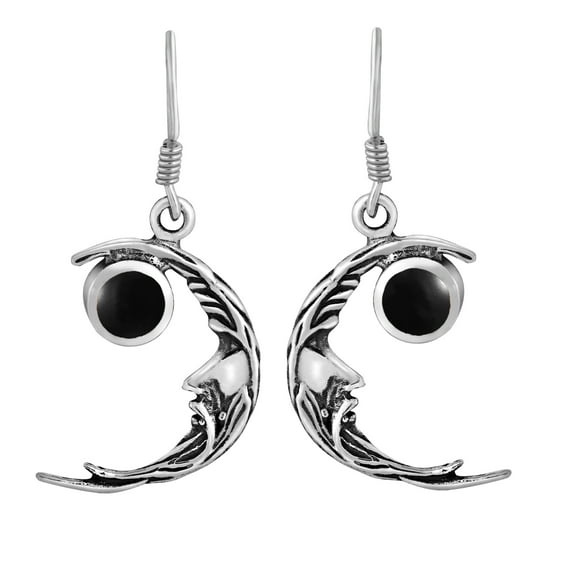 Celestial Crescent Moon Black Onyx Sterling Silver Dangle Earrings