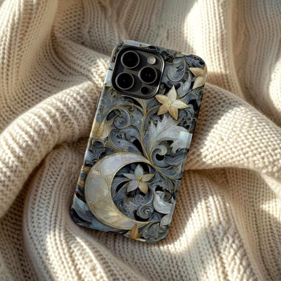 Celestial Crescent Moon Case - Luxury Art Nouveau Floral Design Designed for iPhone 17, 16, 15, 14, 13 Tough Protective Shell