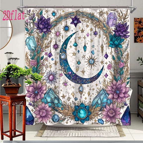 Celestial Crescent Moon Floral Crystal Star Pattern Shower Curtain With Hooks Mystical Witchy Boho Bathroom Home Decor