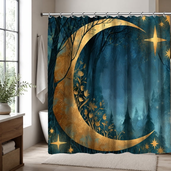 Celestial Crescent Moon Shower Curtain, Gold Moon and Stars Forest Bathroom Decor, Teal Blue Mystical Woodland Bath Curtain, Boho Gothic Night Sky Bathroom Accessories, 70.87 x 70.87 Inch