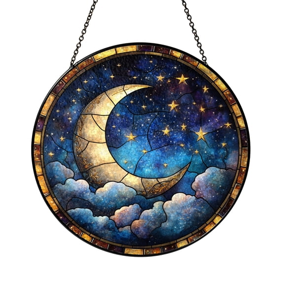 Celestial Crescent Moon Stained Glass Suncatcher, Starry Night Sky Window Hanging Decor, Moon Cloud Glass Art Panel, Fantasy Night Landscape Window Ornament, Decorative Home Decor Gift