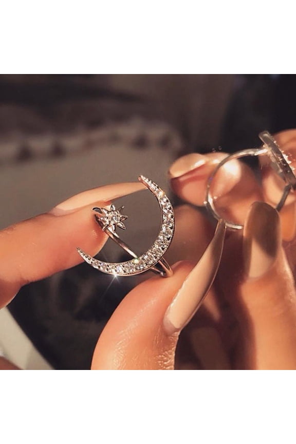 Celestial Crescent Moon Star Adjustable Silver Ring for Women