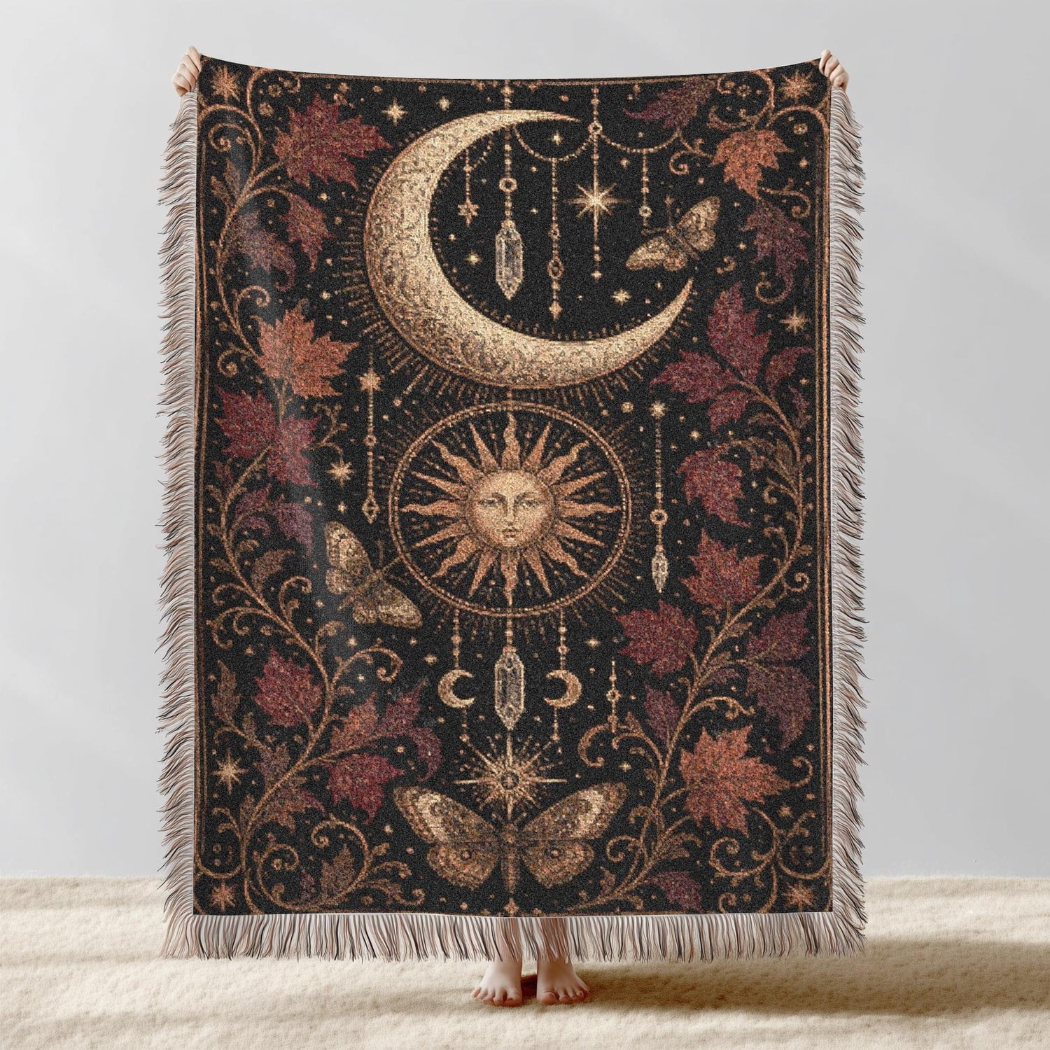 Mon Rusting Celestial Crescent Moon, Sun and Moths in Black, Gold and Rust Woven ...