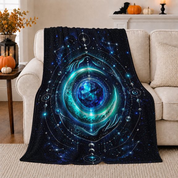 Celestial Crystal Orb Crescent Moon, Mystical Celestial Art Scene, Warm Flannel Blanket for Home Library and Reading Nook, Celestial Art Lovers Housewarming Gift, Fantasy Home Decor