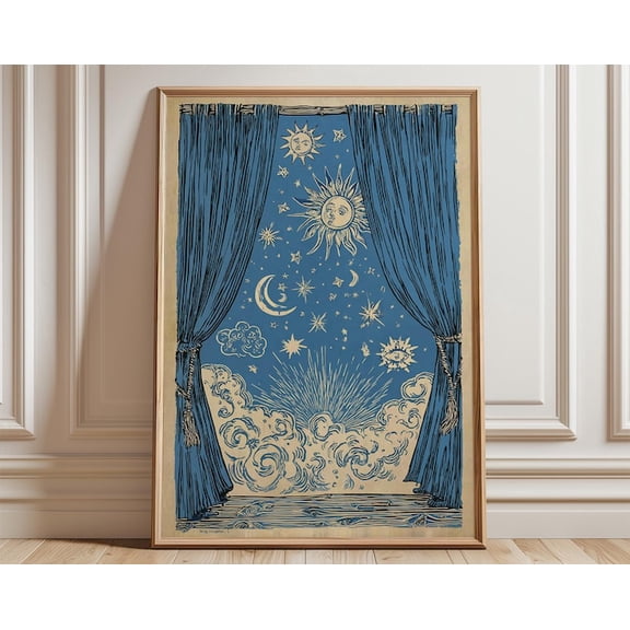Celestial Curtain Moon Stars Wall Art Print, Unframed Paper Poster 24x36in