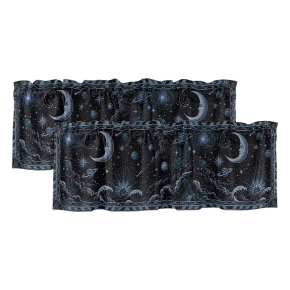 Celestial Curtain Valances for Windows, Kitchen Valance Window Treatments Panel 2 Pack, Midnight Cosmic Beach Fantasy Moon Abstract Rod Pocket Short Curtains for Bathroom Bedroom 54 x 18 Inch