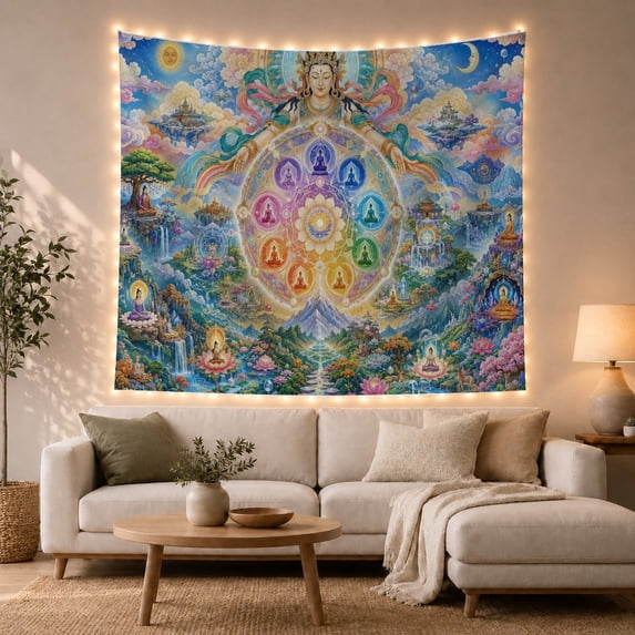 Celestial Deity Over Mandala in Vibrant Clouds, Mystical Fantasy for Meditation Enthusiasts, Spiritual Decor Wall Art, Housewarming Gift, Tapestry Wall Hanging for Meditation Room and Yoga Room